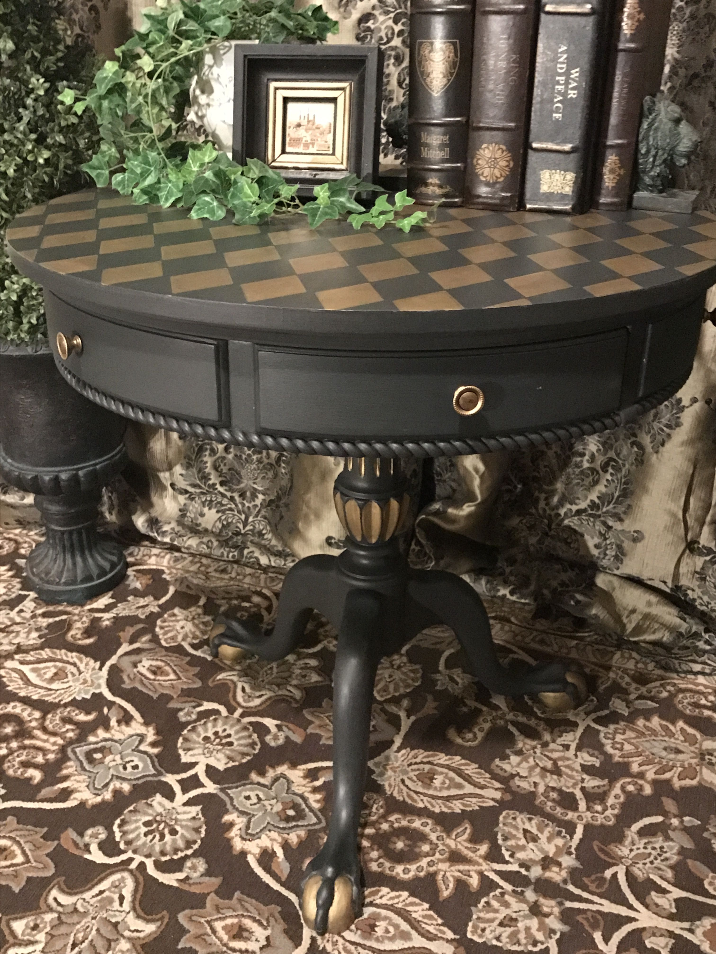 accent table painted annie sloan chalk paint color graphite with wood gold harlequin pattern stenciled top and details sealed polyvine flat outdoor battery lamps modern furniture