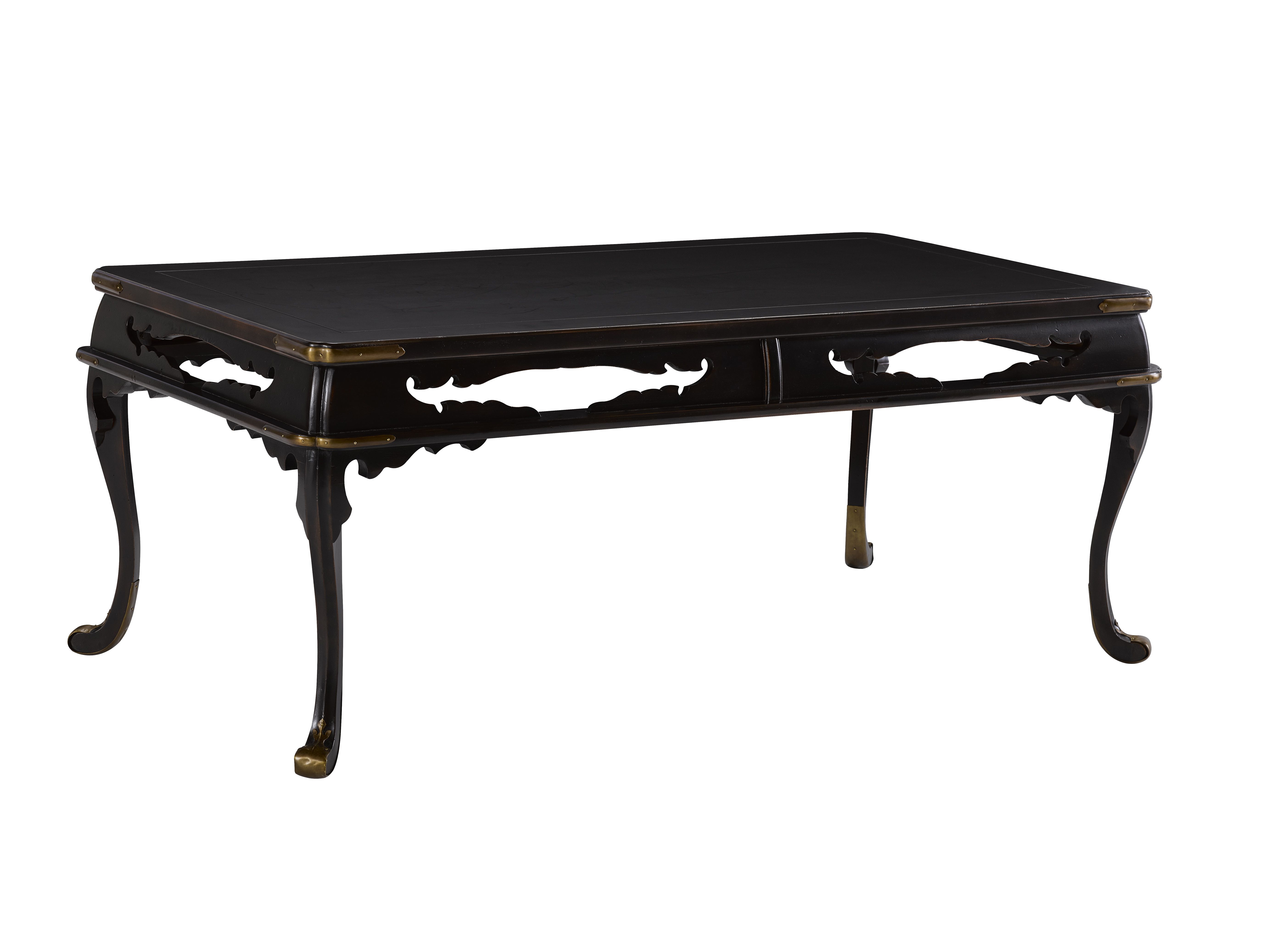 aged black lacquer finished elsie cocktail table with antique brass accent accents item round mirrored counter height island grohe rainshower large patio cover tablecloths and