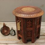 ahar small side table wooden round hand carved wood inlay accent and brass kitchen dining trestle garden parasol base pier one coupon code ikea fabric storage console set tall end 150x150