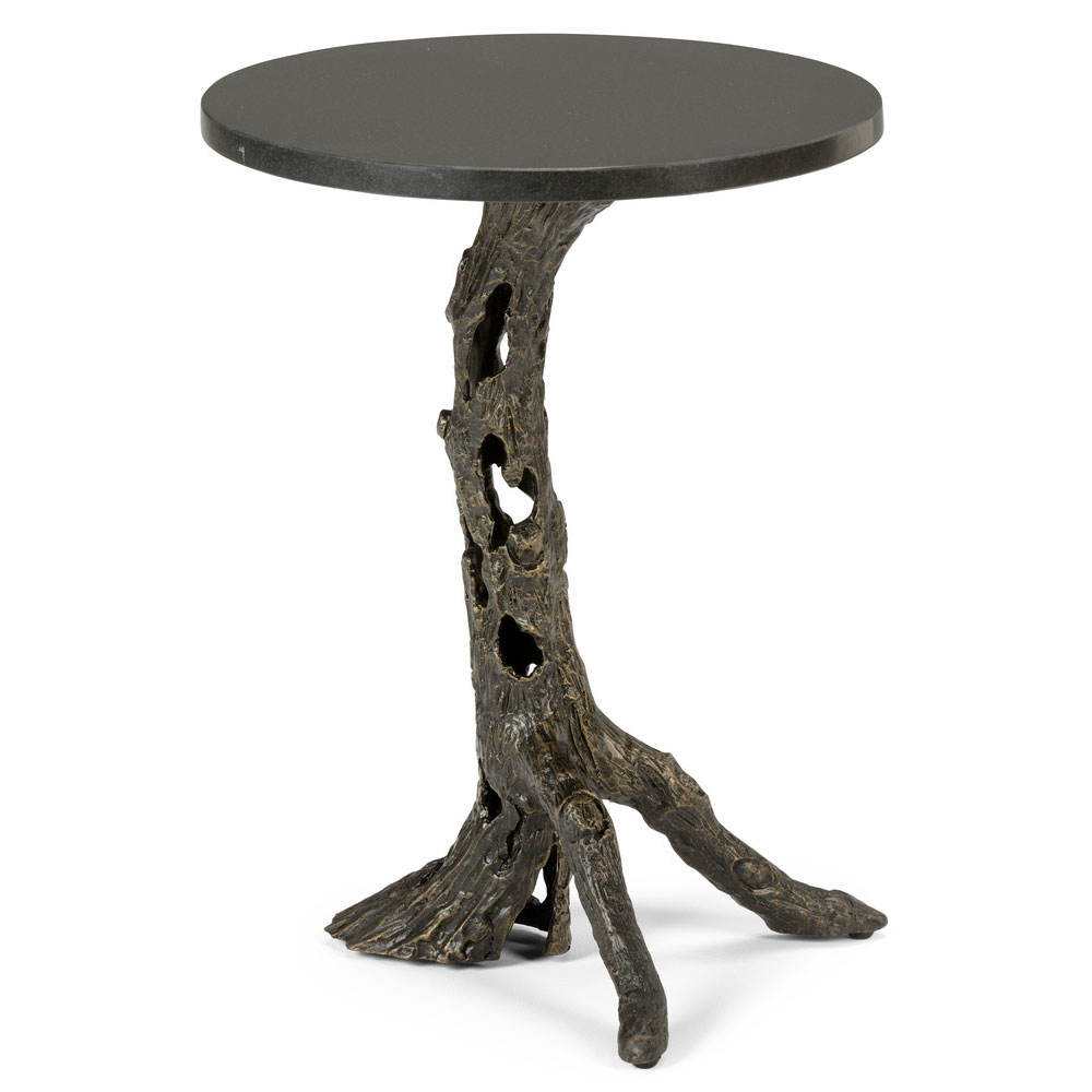 aluminum side table dandelion spell black marble accent cast with bronze finish top raw wood end skinny couch narrow depth console carpet edge trim whole linens pier one mirrored