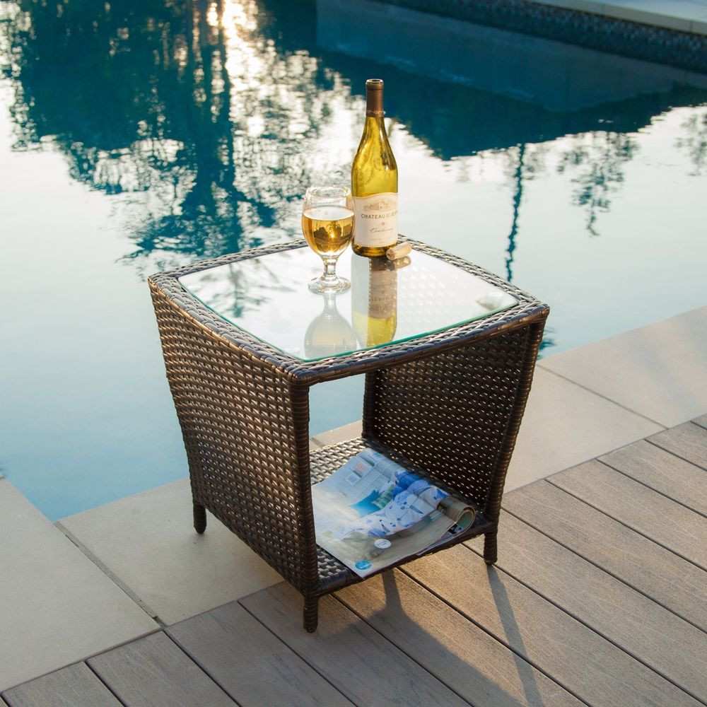 amazing outdoor wicker side table for patio furniture elegant brown round glass top dale tiffany dragonfly lily lamp room essentials desk luxury living night home office nic and