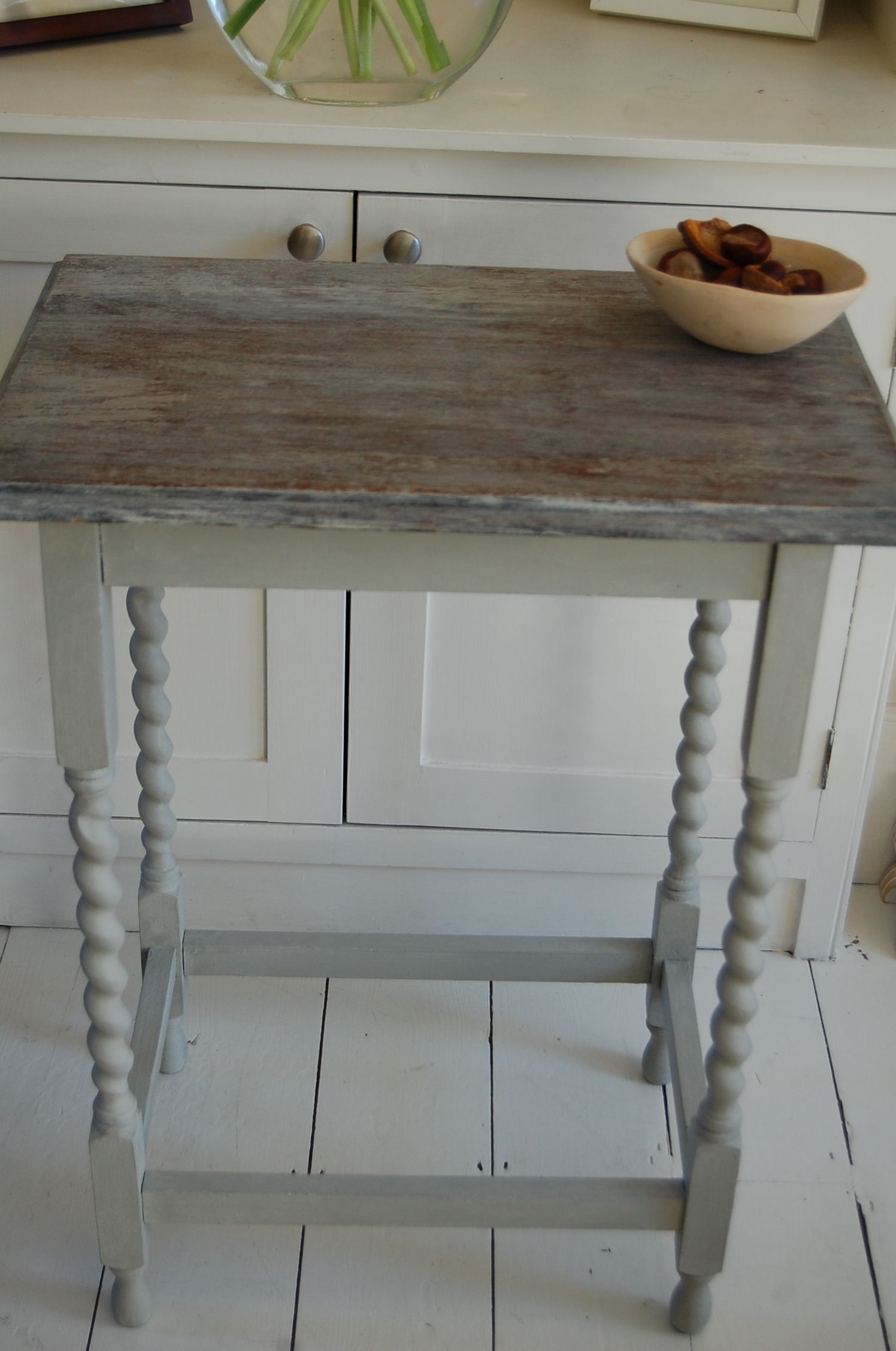 annie sloan paris grey limed stripped barley twist legs side upcycled accent table wooden revamped preloved reloved repainted black plastic vanity stainless steel grill antique