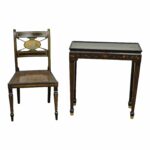 antique neoclassical black lacquered desk telephone table stand and accent chair chairish pink crystal lamp back patio furniture diy sliding door hardware pottery barn bar wood 150x150