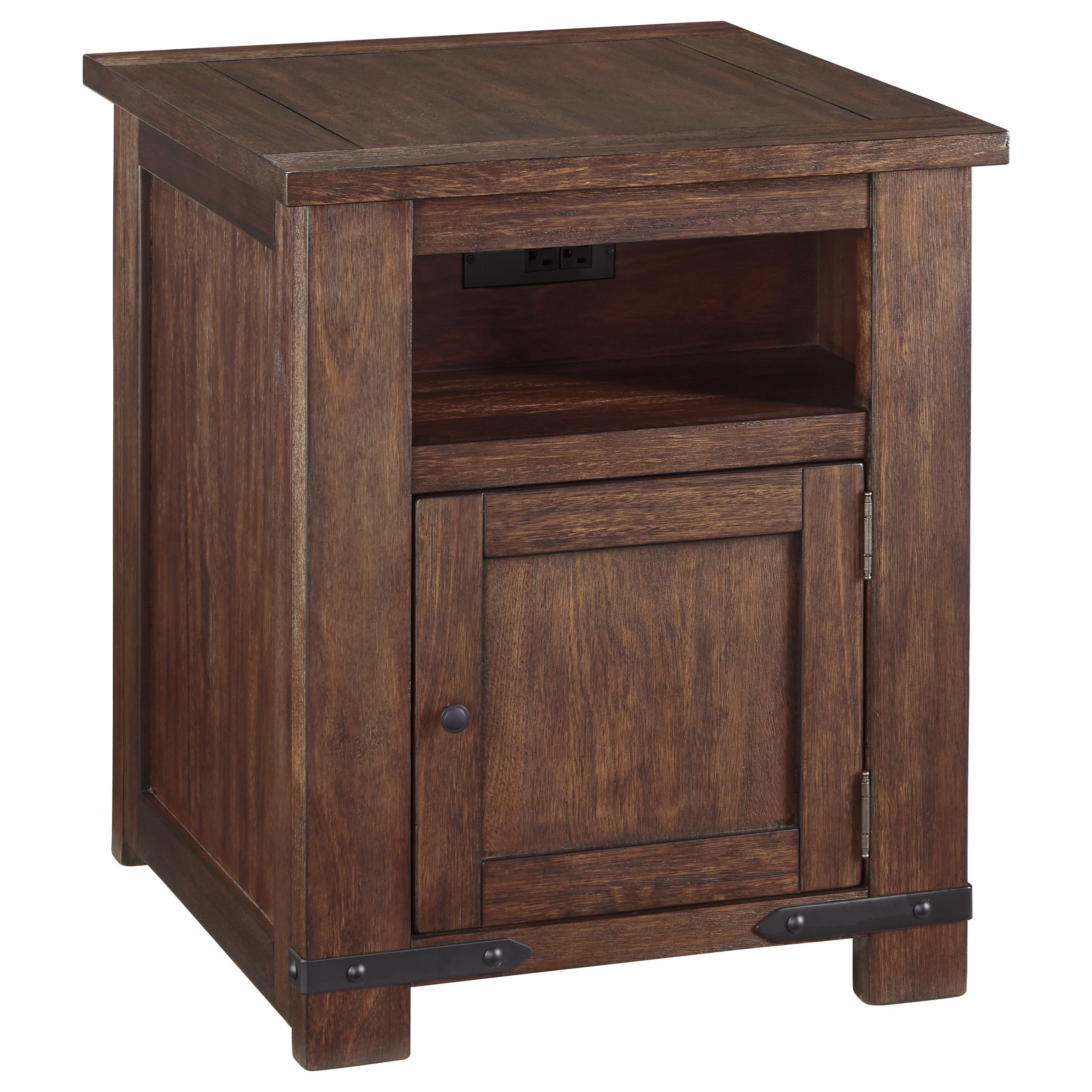 ashley signature design budmore rustic end table with usb charging products color accent port oak bedside cabinets contemporary lamps for living room homes gallerie credit card