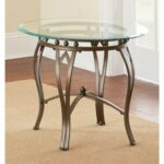 attractive clear glass hour side end table small round tables sophisticated greyson living son tempered top bronze metal base curved legs features arched cross stretcher accent 150x150