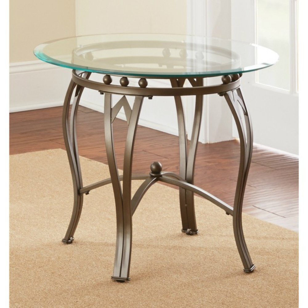attractive clear glass hour side end table small round tables sophisticated greyson living son tempered top bronze metal base curved legs features arched cross stretcher accent