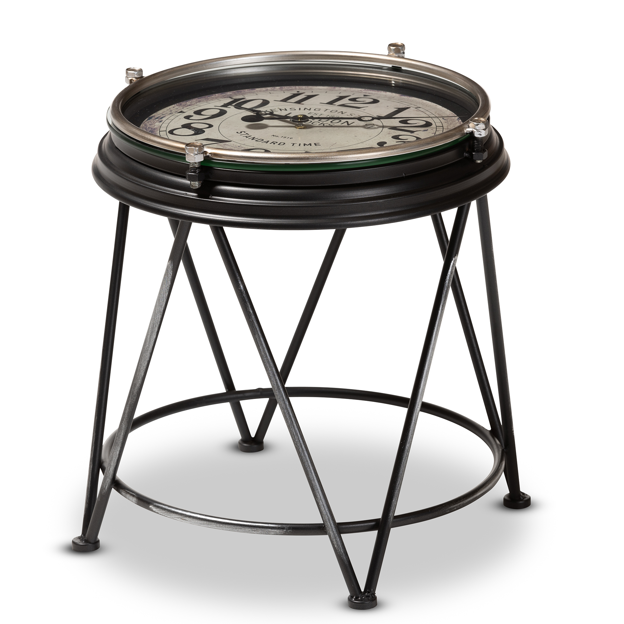 baxton studio giles vintage industrial matte black finished metal accent table with inlaid clock round marble coffee target small white gloss console ikea cocktail tables red