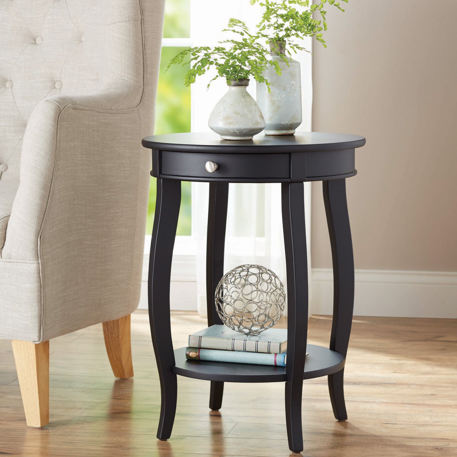 better homes gardens round accent table with drawer multiple distressed blue colors coffee sets ikea dining cloth dark grey end tables black marble eugene walnut modern living