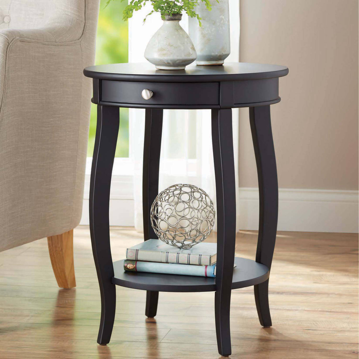 better homes gardens round accent table with drawer multiple small gray colors pottery barn cart coffee metal garden mango nest tables kitchen wine cabinet silver glass set