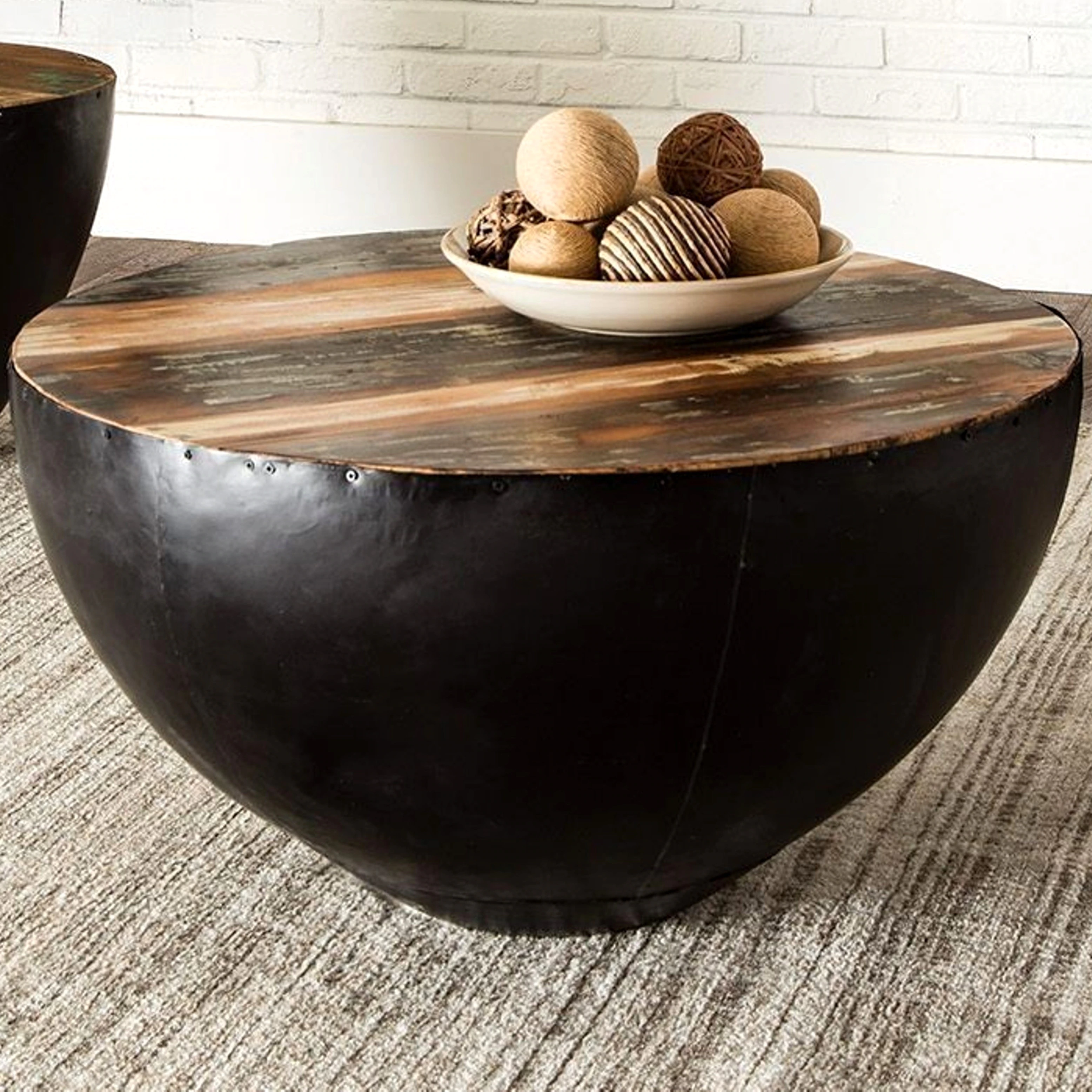 black iron drum shaped accent coffee table with natural reclaimed wood top free shipping today small telephone ikea better homes and gardens dishes light shades antique white