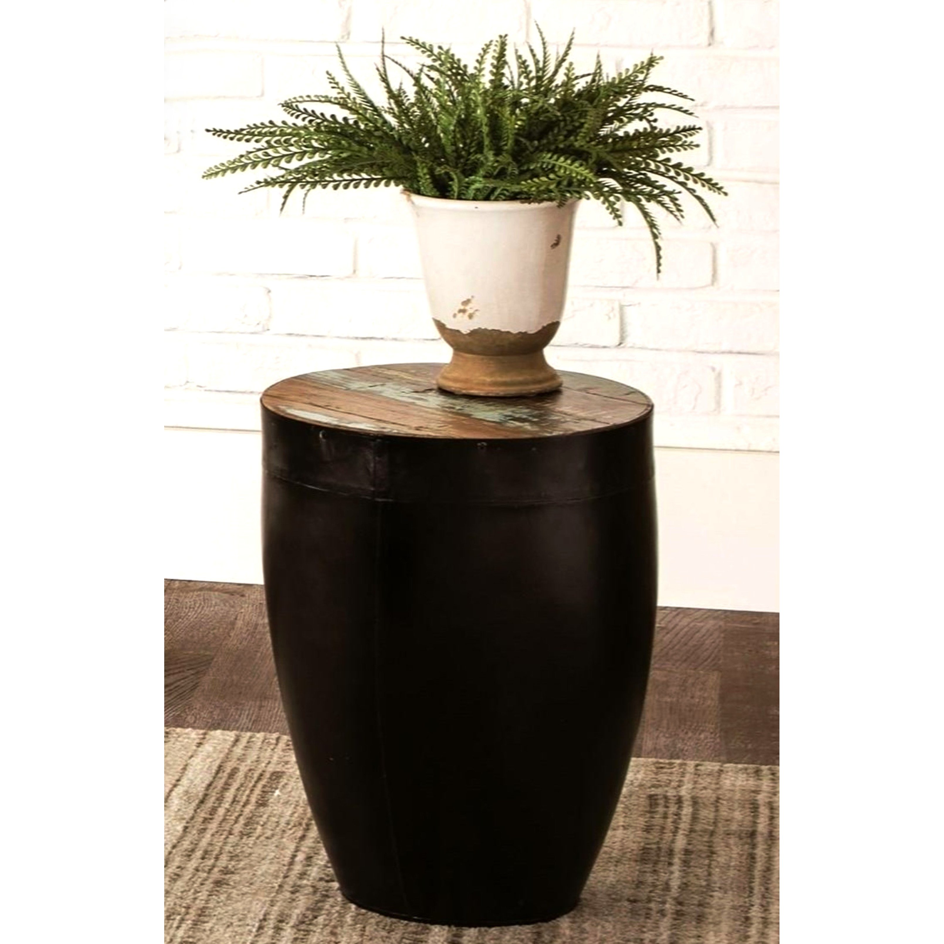 black iron drum shaped accent side table with natural reclaimed wood top ceramic free shipping today hand painted dress glass center ashley furniture chaise circle coffee outdoor