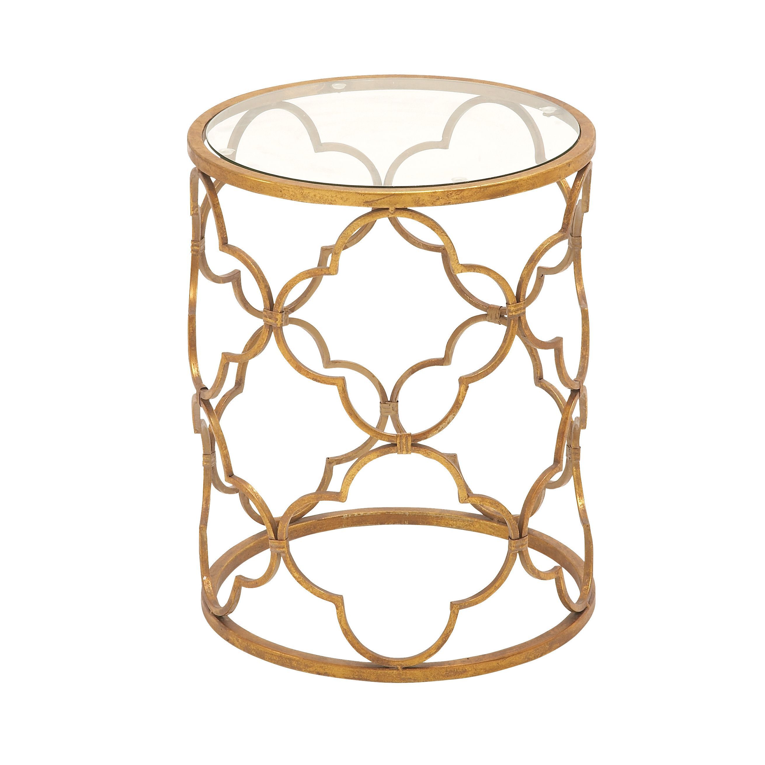 bring style your home while adding practical table space clarissa metal accent with this distinctive piece the ornate goldtone base features open geometric skinny glass tall