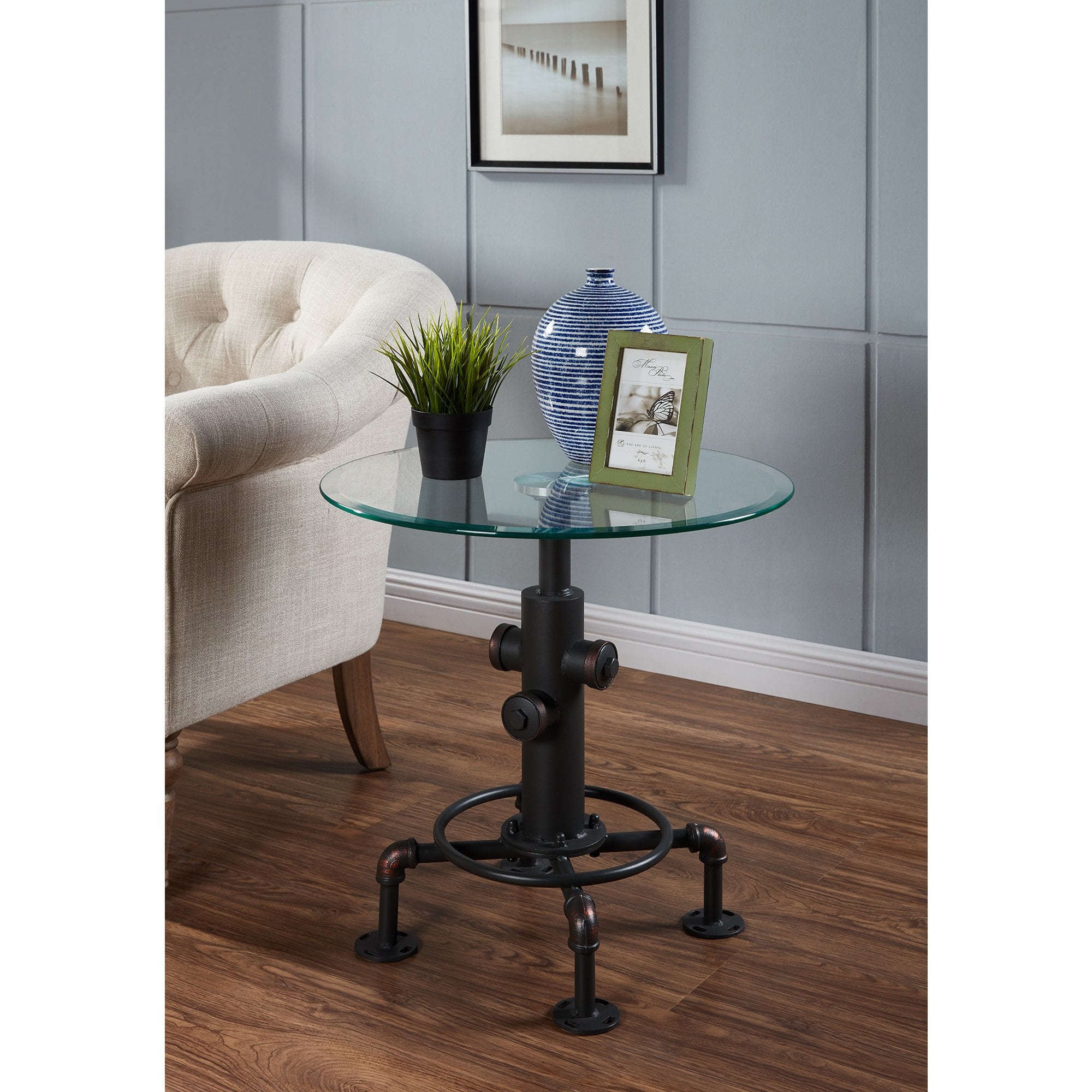 bronx metal black and glass pipe style accent table white half moon console trestle pedestal dining round wood tall chairs outdoor umbrella stand weights pulaski display cabinet
