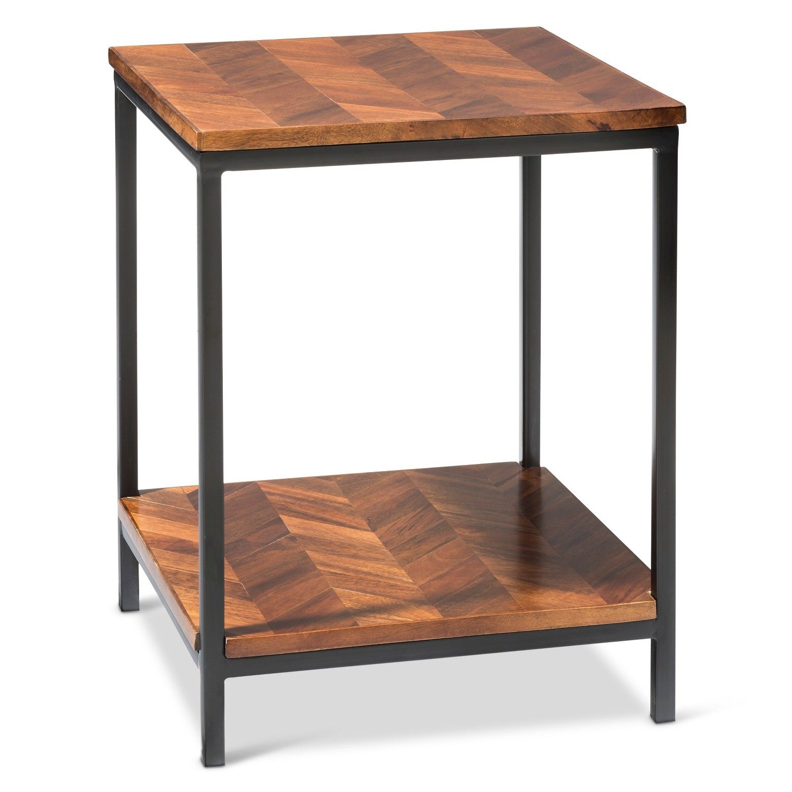 bull industrial chic stylebrbullnbspwalnut stained parquet accent table target wood top with black metal basebrbull sturdy designbrbull integrated shelf for nook plus kirklands