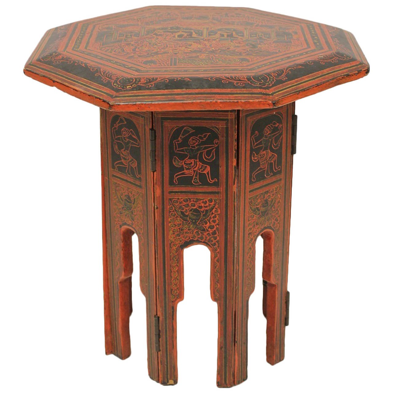 burmese red and black lacquered octagonal accent table for antique style light lamp wood block side round with white tablecloth coffee chairs under chrome chandelier corner bench
