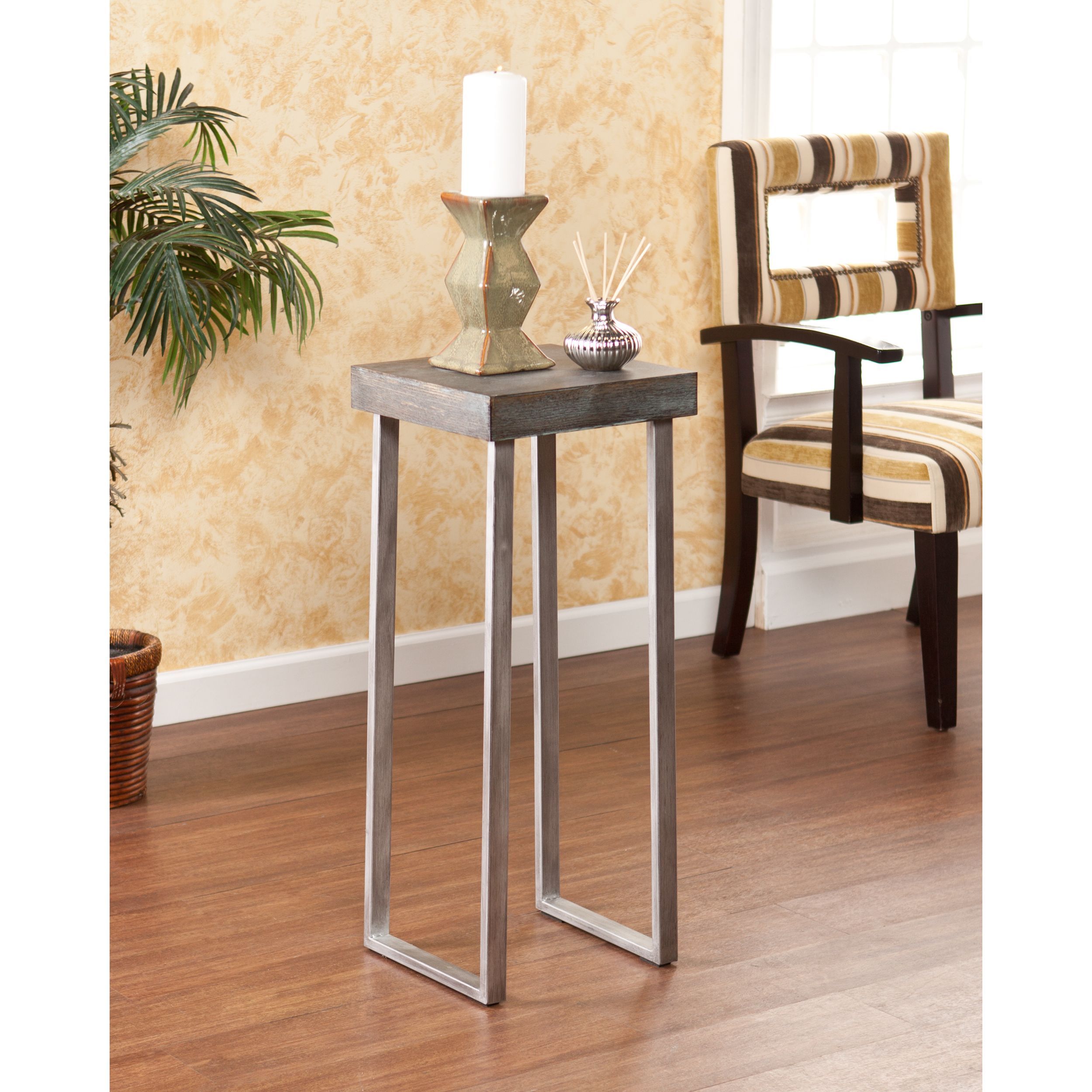 burnt oak finish top with weathered gray look this tall upton pedestal accent table home lumberton lamp has the personality blend many styles living room sets pool and patio