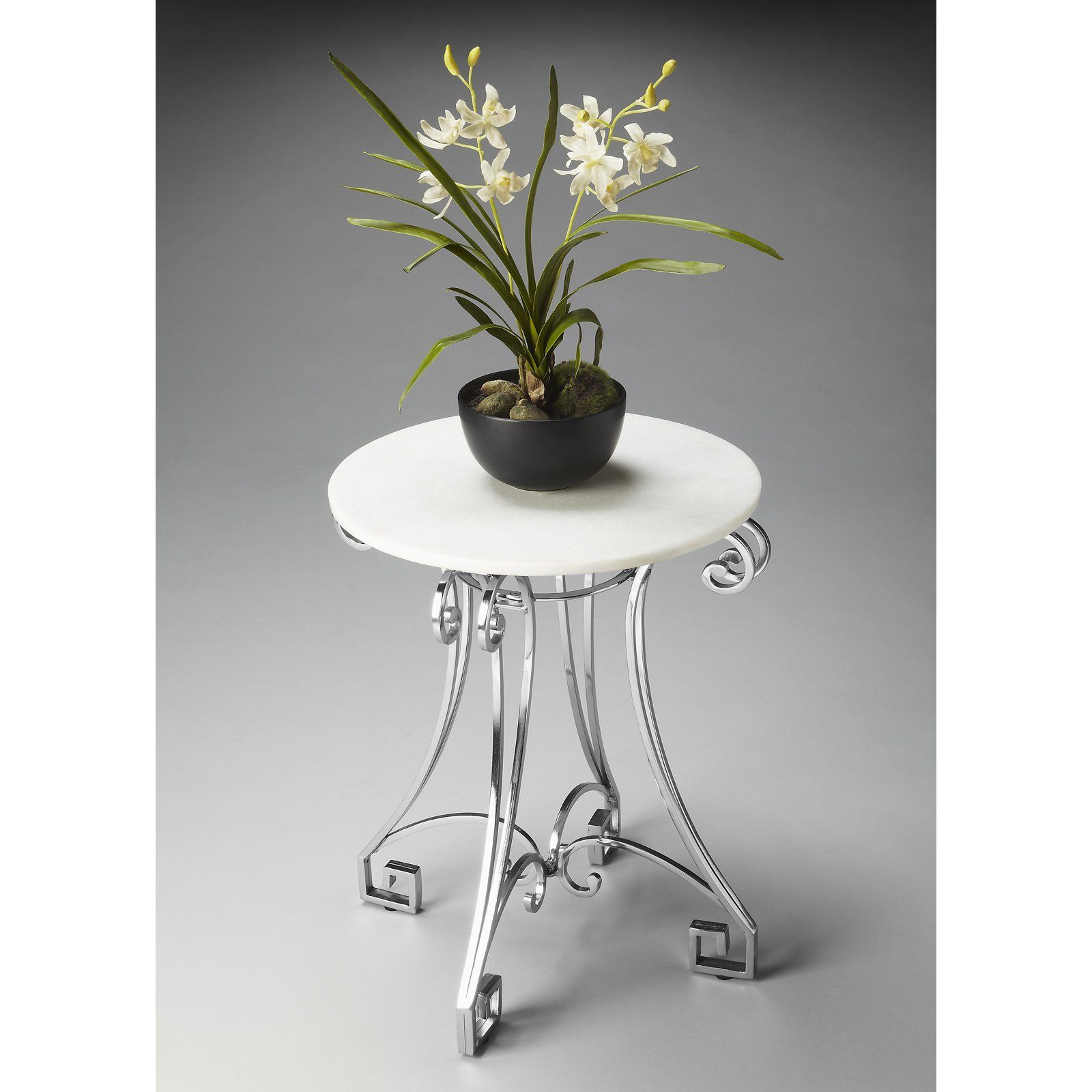 butler round accent table nickel oriental touch your contemporary decor with the yellow home nautical bedside lamps small wrought iron bistro set short coffee west elm overarching