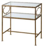chanelle antiqued gold leaf iron clear glass rectangular accent table side white console cabinet small butler end espresso finish corner rattan patio free quilted runner patterns 150x150
