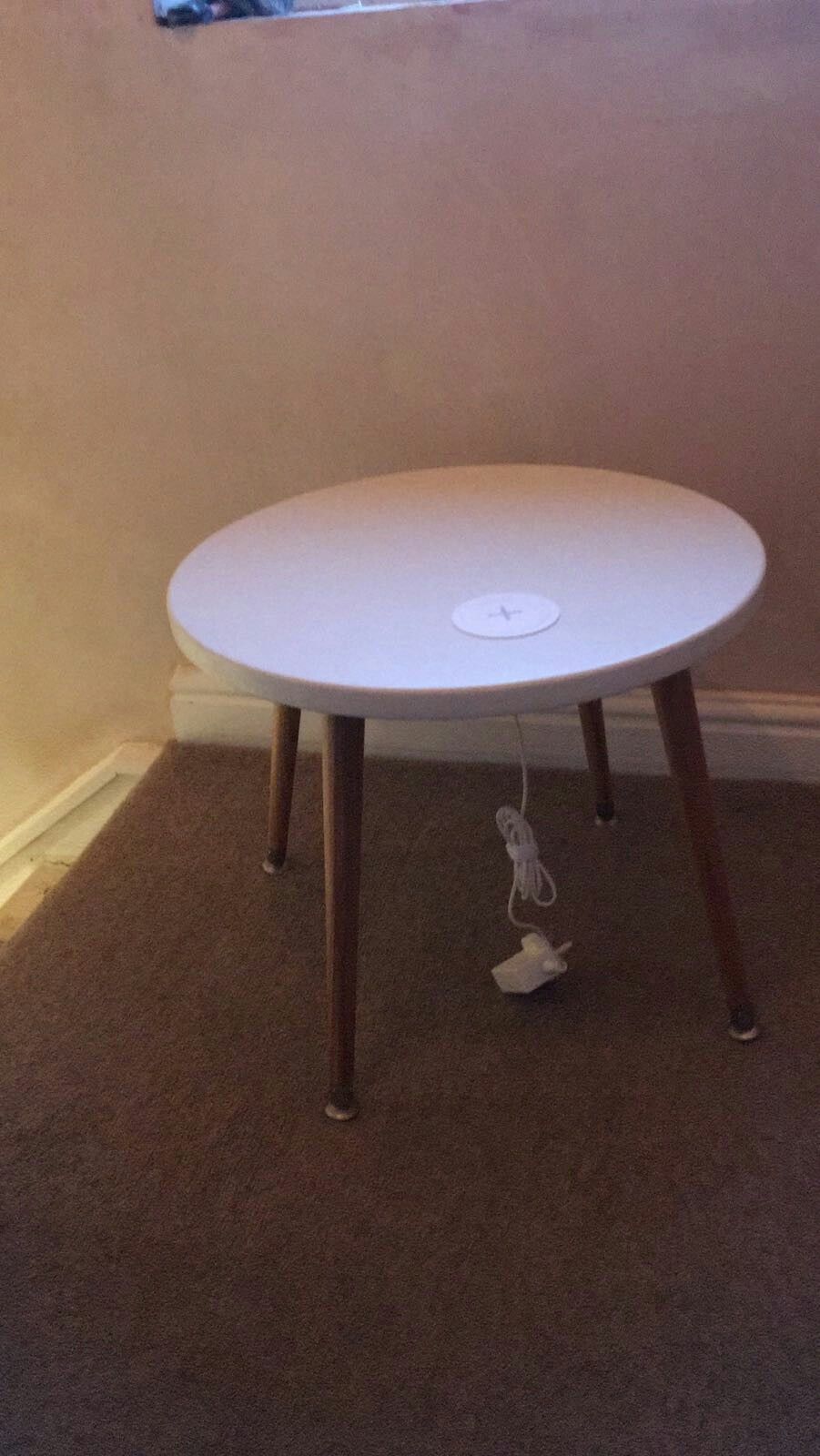 charble wireless phone charging round table handbuilt solid end with wood painted white oak legs charges all devices cases can bought enable older phones metal drum accent vintage