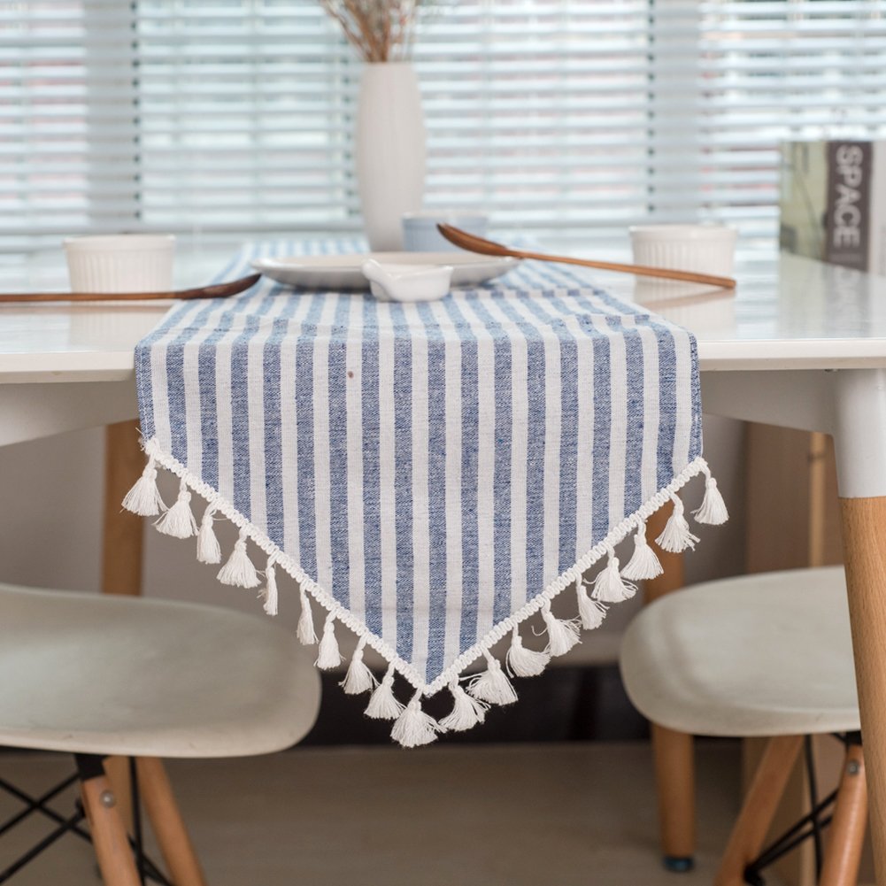 colorbird tassel table runner striped cotton linen lyl accent linens runners for kitchen dining living room decor inch blue home lampshade fittings knotty pine bookcase metal and