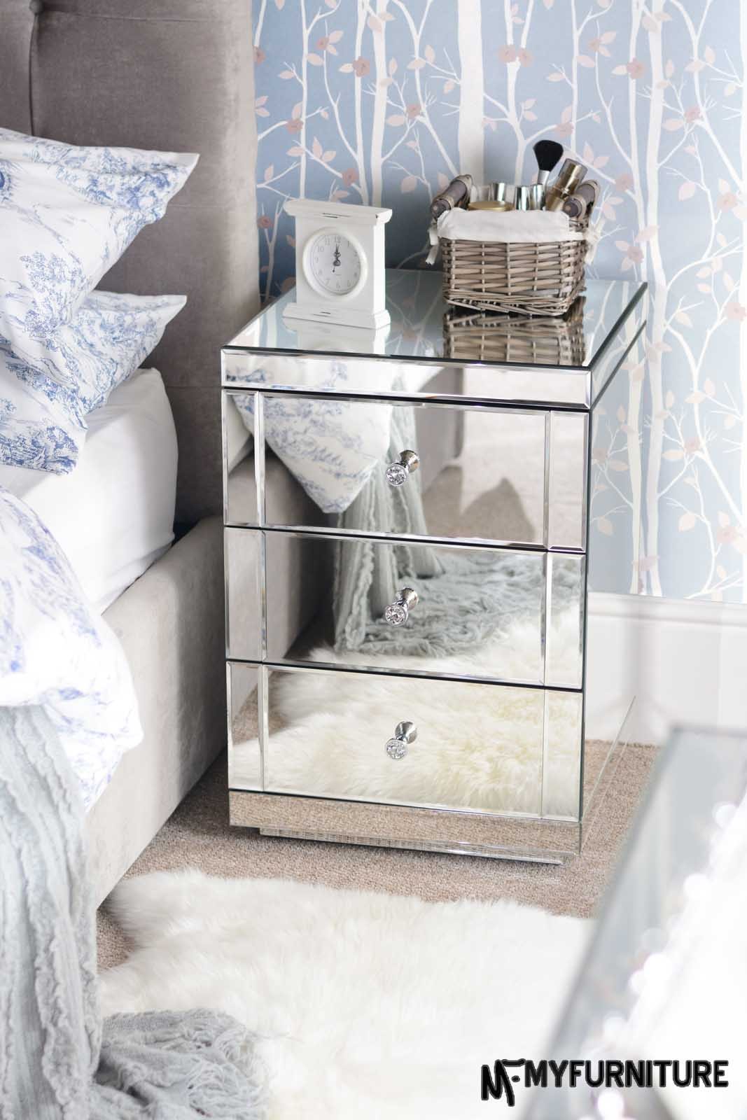 contemporary bedroom with drawer lucia mirrored bedside table and light grey upholstered frame white faux fur area rug alarm clock accent target originalviews occassional bunnings