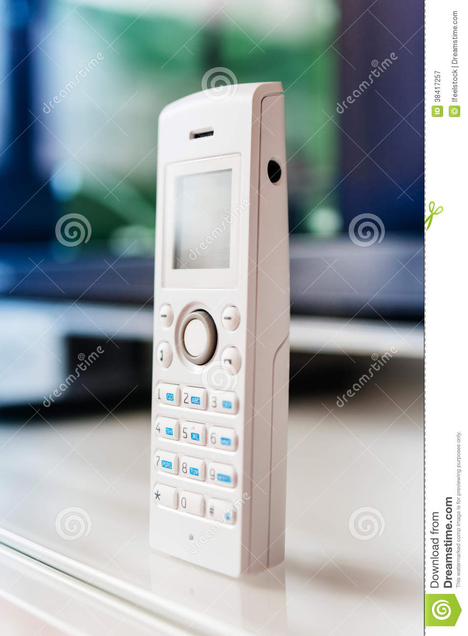 cordless phone office table stock dial white color large display tilt shift lens used accent center and the emphasize attention its small decorative lamps corner side entrance