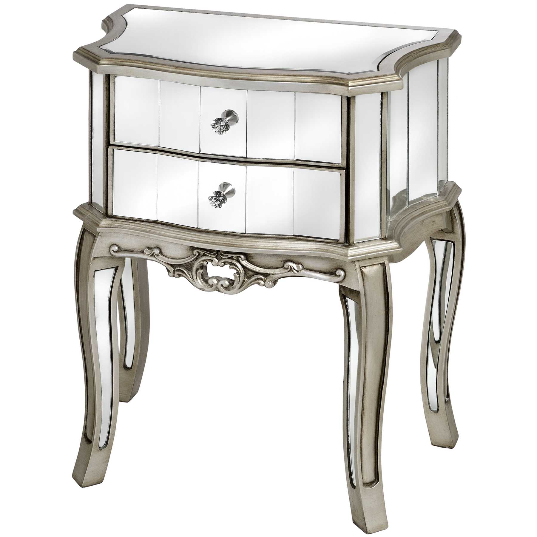 curved top bedside table with double mirror drawer and carved accent silver high legs interior idea mirrored glass big lots outdoor hammered metal coffee badcock bedroom sets inch