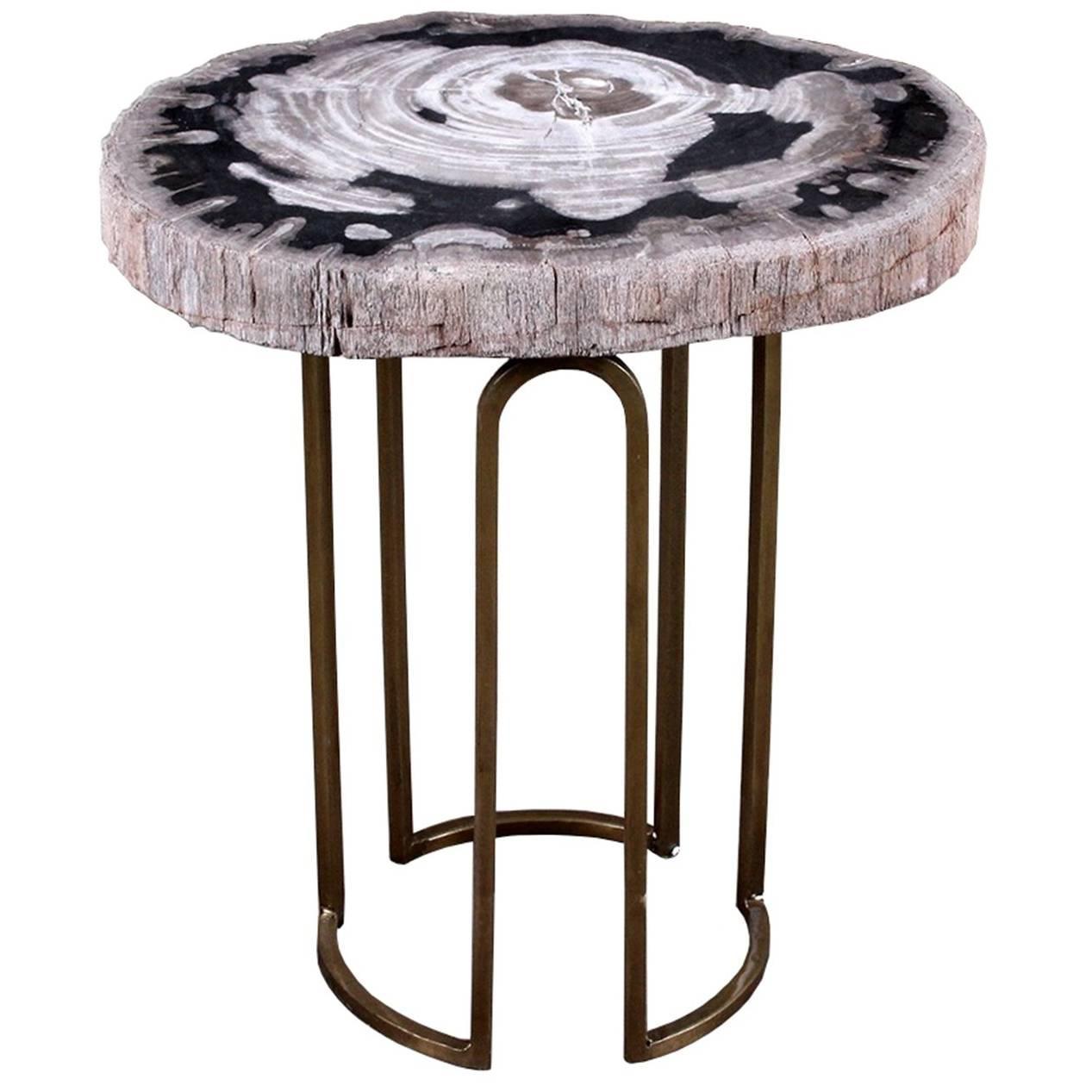 custom petrified wood and brass accent table for img top lawn furniture metal small pier rugs clearance counter height dining set with bench astoria chair round mosaic patio ikea