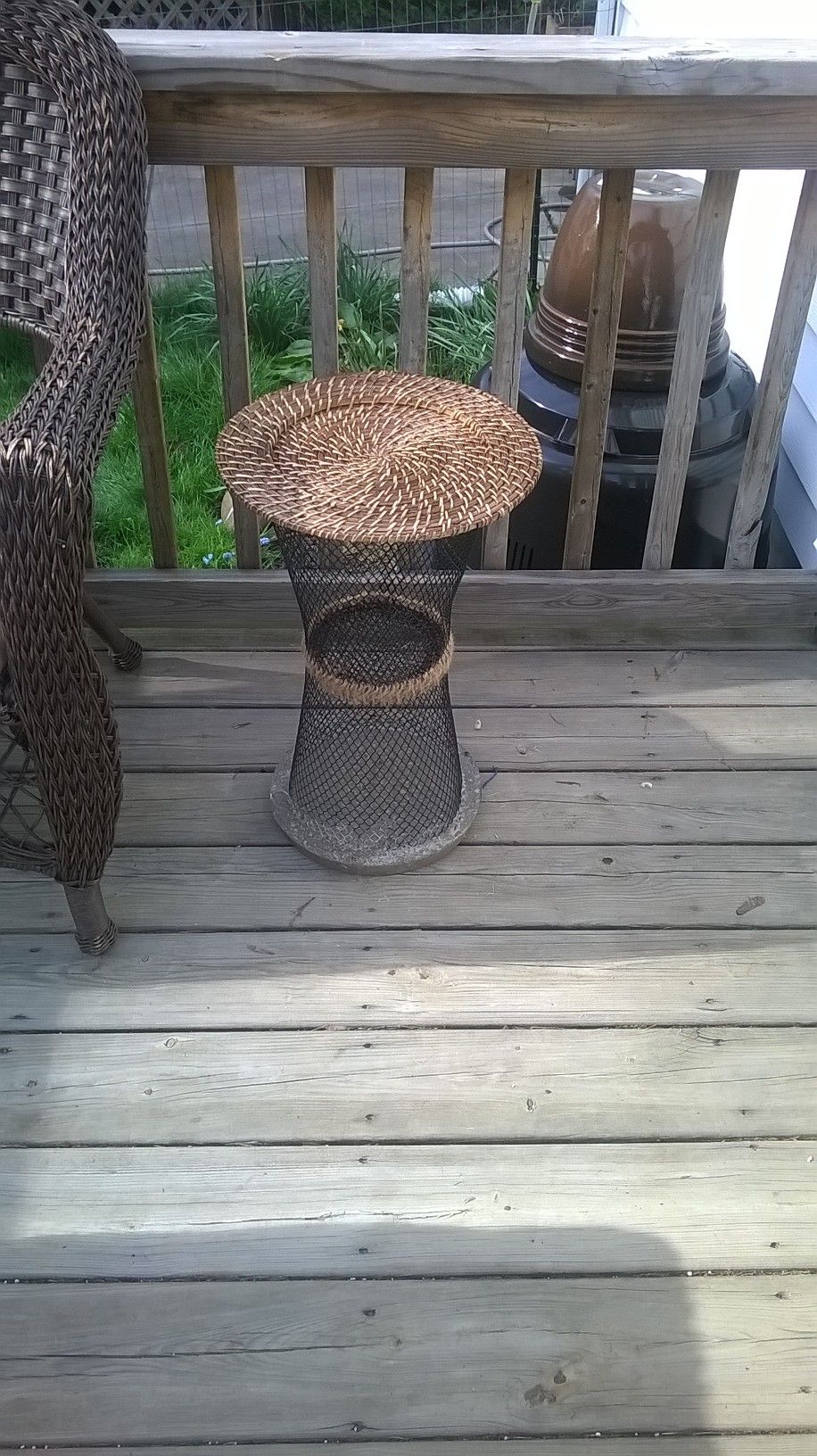 diy outdoor side table base and trunk two dollar wire accent waste baskets tied together end with twine poured cement used plastic little lamps black wrought iron coffee glass top