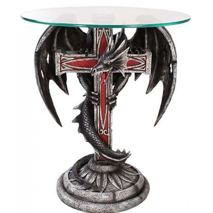 dragon cross glass topped sculptural table with round side top accent mystic convergence wiccan supplies pagan jewelry black coffee and end tables small lamps chaise furniture