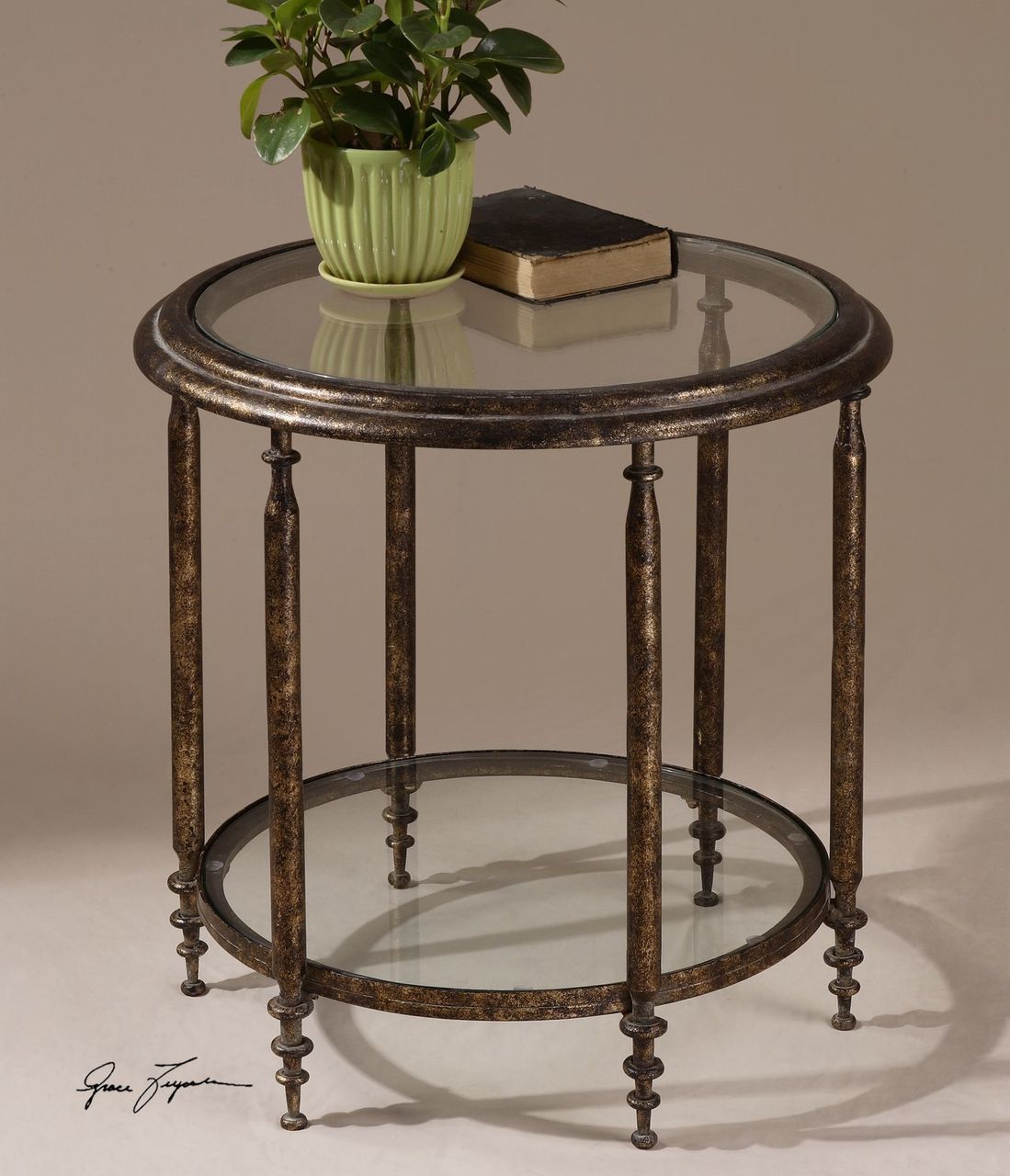 elegant antiqued gold round accent table with glass top swanky home affordable sofa tables diy counter height pier area rugs metal side outdoor parasol walnut bedside mid century