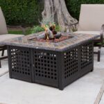 exterior inspiring patio decor ideas with fire pit cozy concrete flooring and wrought iron furniture beige cushions for exciting design plus also outdoor gas metal accent table 150x150