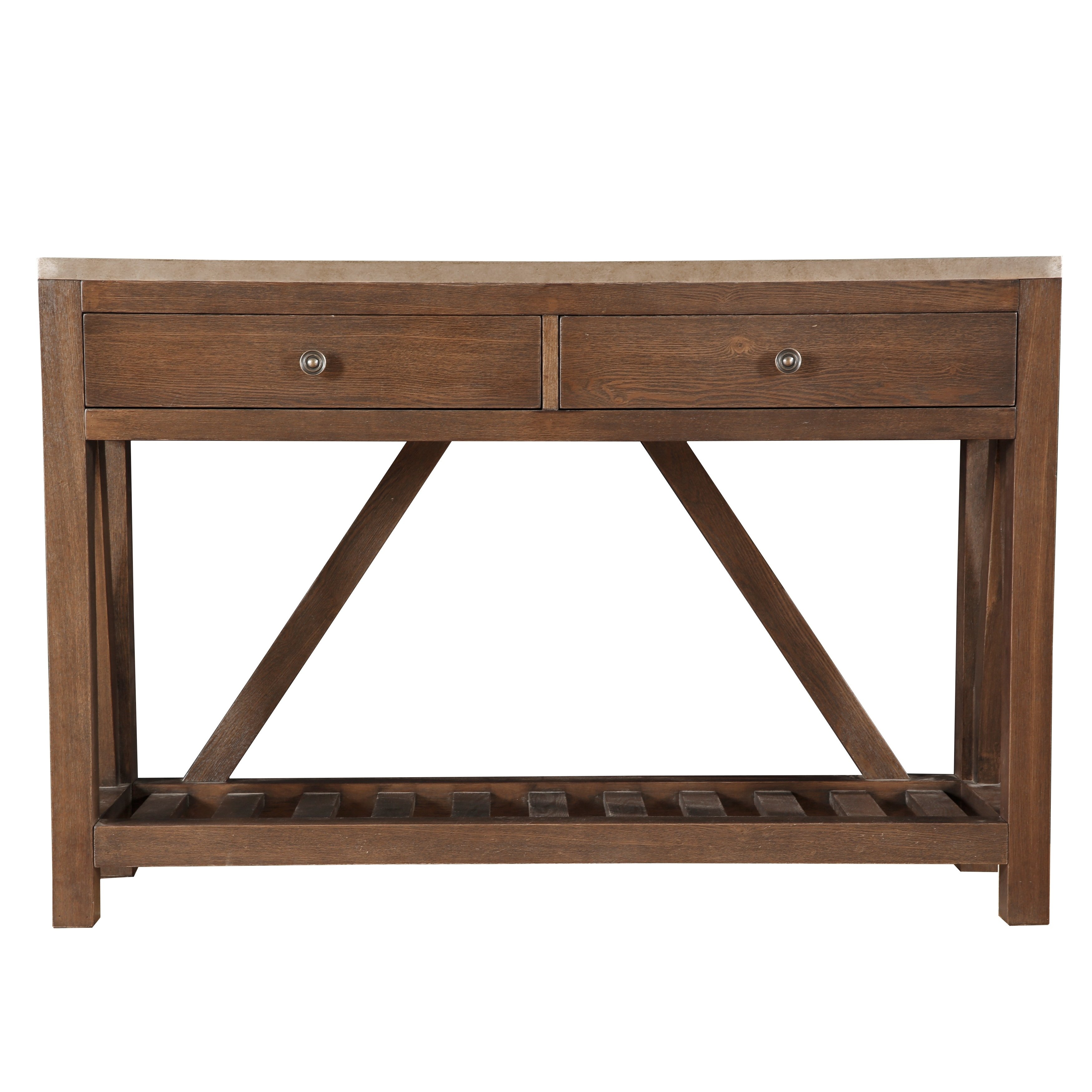 farmhouse style medium brown oak and metal wrapped two drawer accent console table free shipping today kitchen chairs inexpensive coffee tables small wood dining barn door for