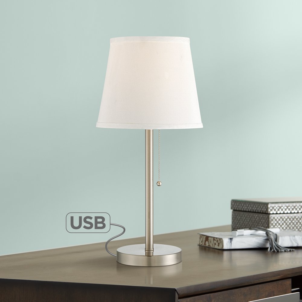 flesner brushed nickel accent table lamp with usb port heyburn steel light blue end pier one imports lamps formal dining room sets long narrow sofa armless living chairs rustic
