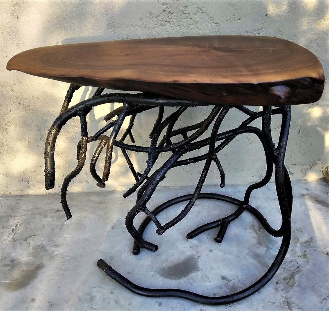 forged root metal table base and live edge black walnut wood etsy kyfy accent garden umbrella end tables target small occasional living room west elm rocking chair cordless
