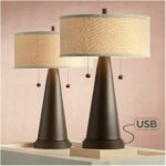 franklin iron works mid century modern accent table lamps set with usb port bronze metal natural linen drum shade for bedroom antique brass coffee unfinished chairs lamp round 150x150