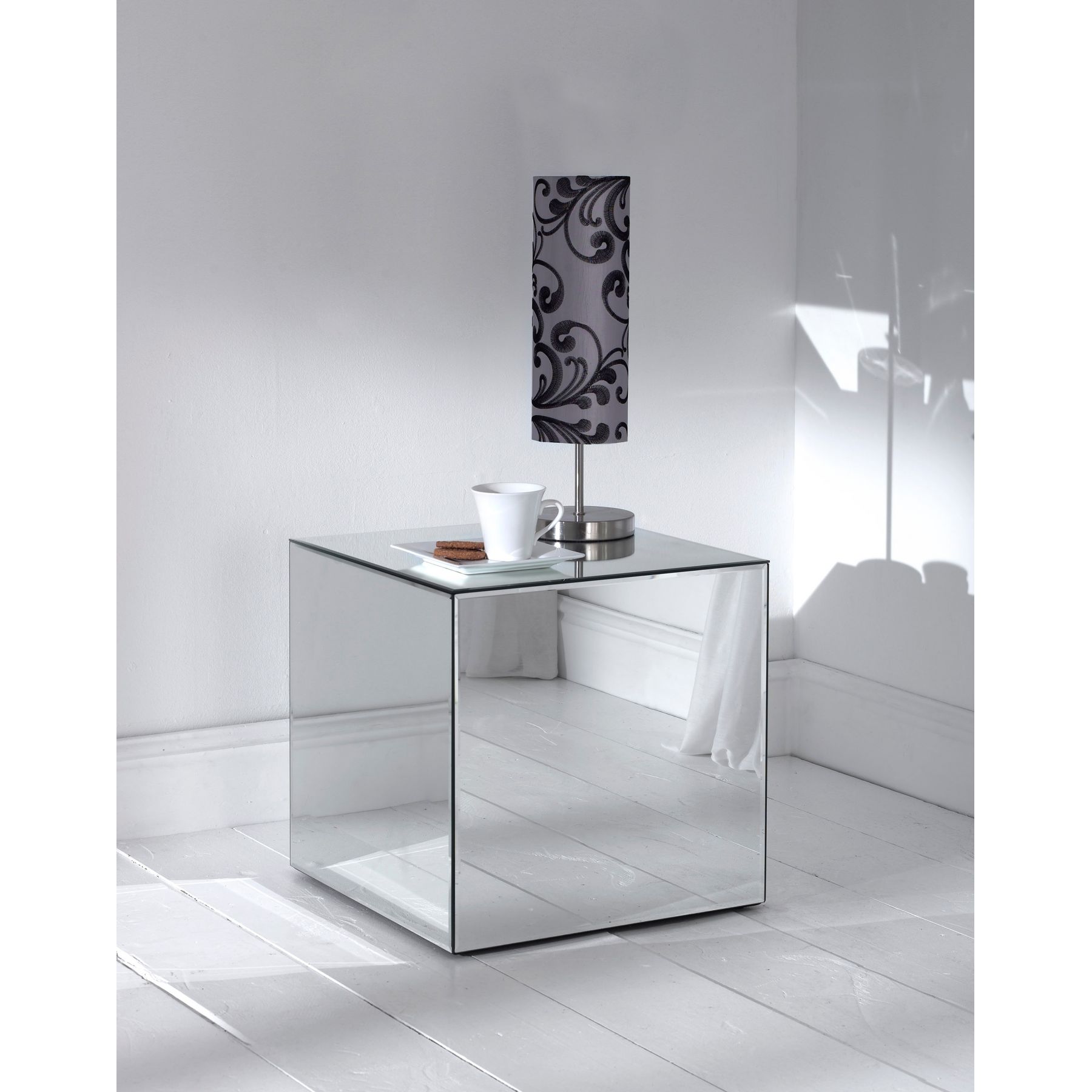 furniture accessories unique modern mirrored glass accent table cube shaped laminate mirror side with polished wood bedroom flooring and tube steel lamp drawer unusual ellen allen