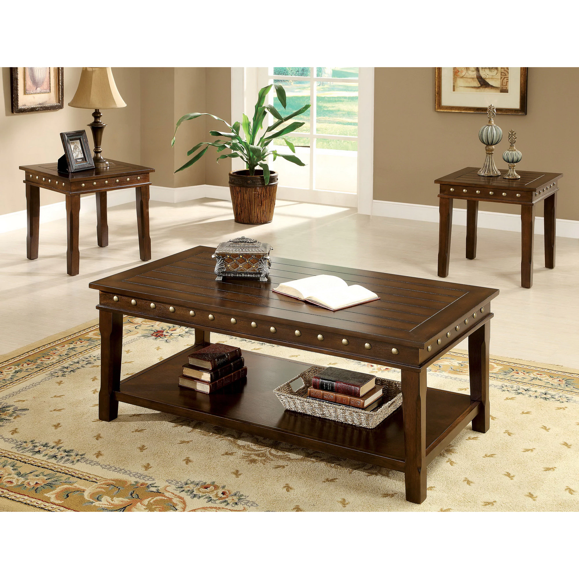 furniture america theresa piece rustic nailhead trim coffee end table set accent with nailheads free shipping today target makeup vanity gold side lamps antique round claw feet