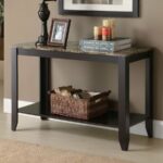furniture contemporary narrow console table for entryway brown marble top black wooden wicker storage basket fiber rug pad big decorative candles frame chocolate paint wall accent 150x150
