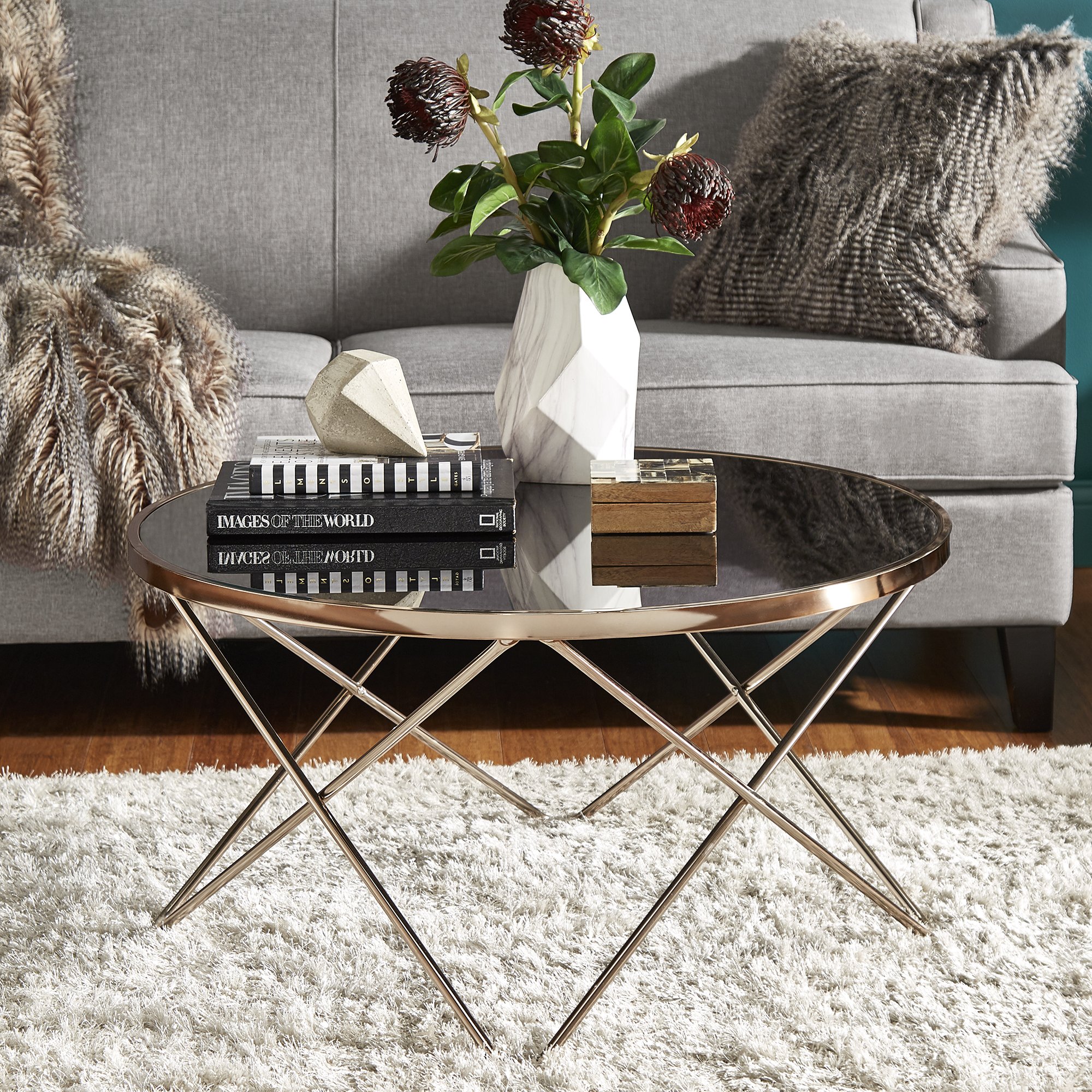 gabe champagne gold finish hairpin leg accent tables with black glass top inspire bold room essentials mixed material table free shipping today modern floor lamp attached skinny
