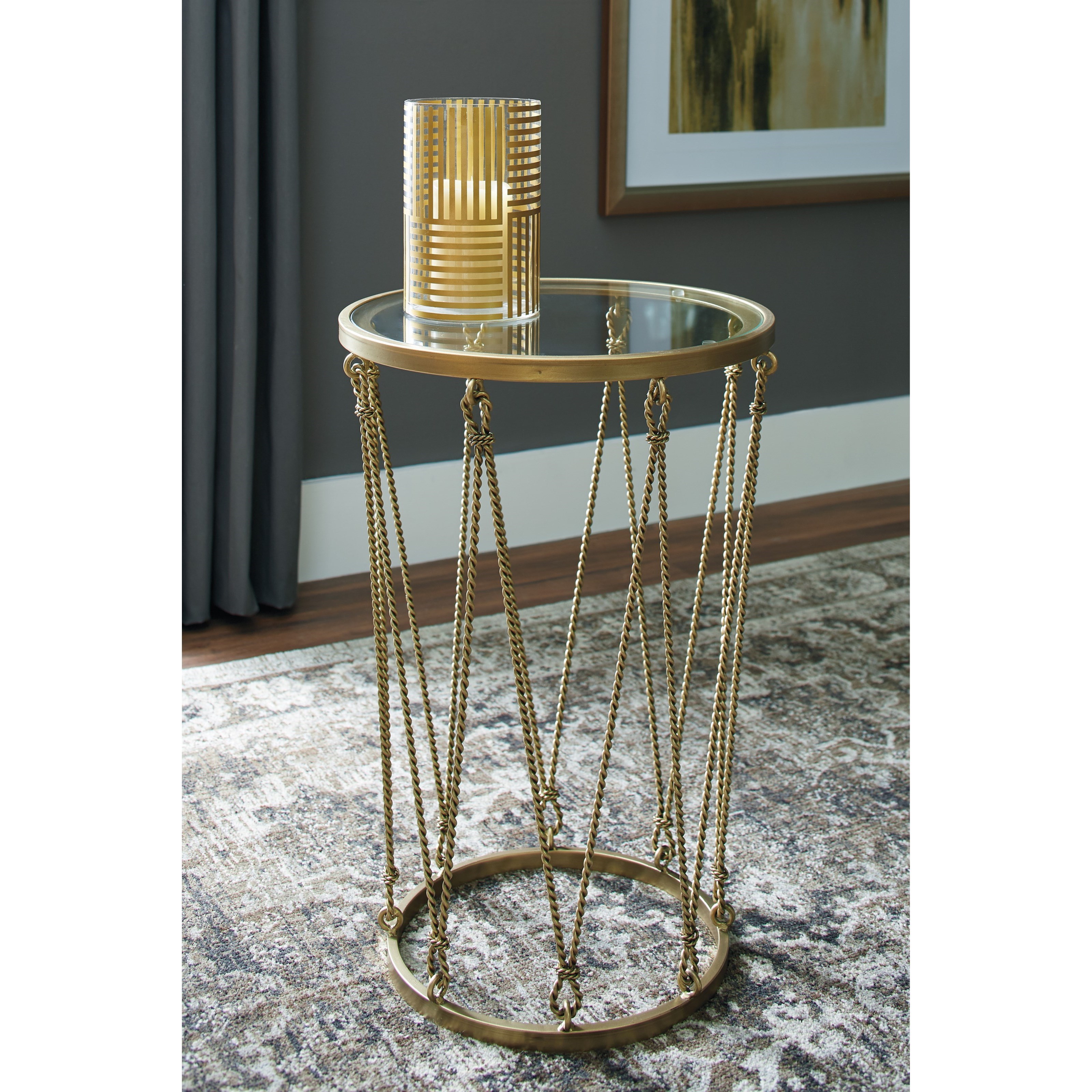 gold finish accent table with round glass top and twisted rope products signature design ashley color phillmont accents outdoor lounge chairs parsons coffee metal pedestal base