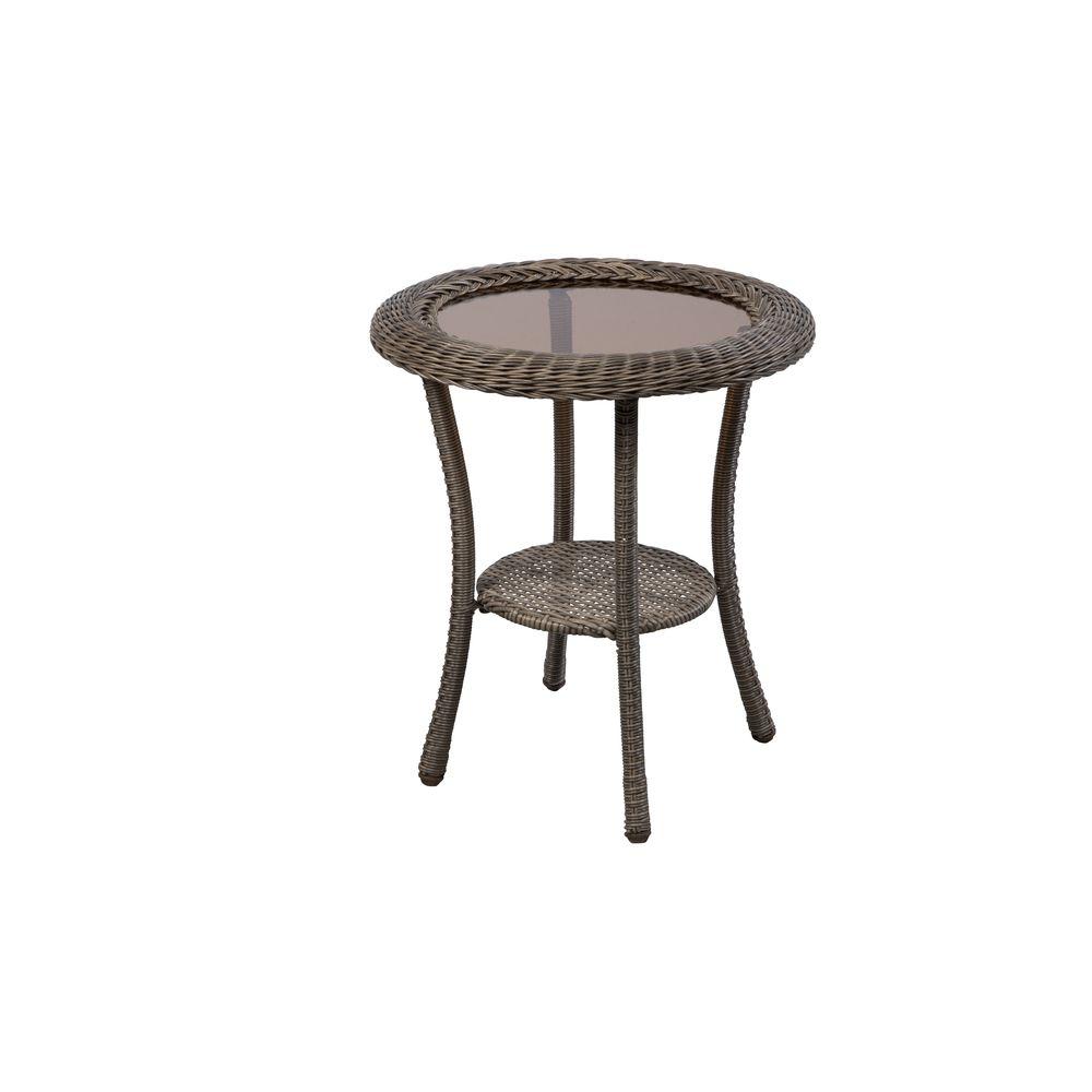 gray outdoor side tables patio the hampton bay table spring haven grey round wicker furniture uttermost accent rose gold bedside maple dining room white metal short sofa big and