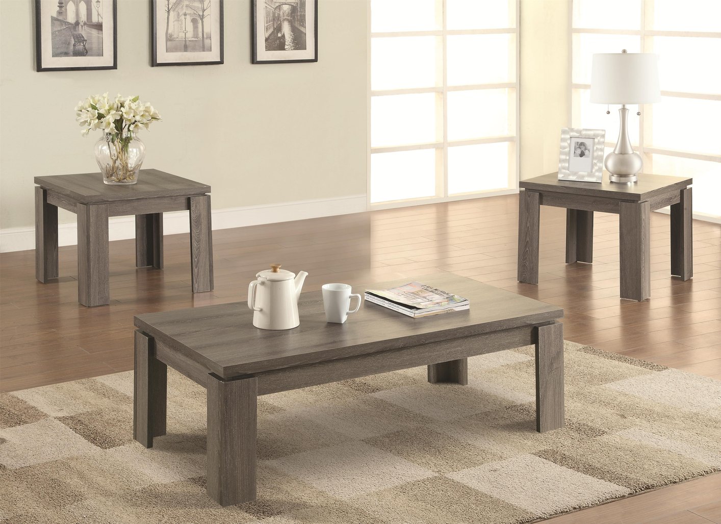grey wood coffee table set steal sofa furniture los living room accent sets home office edmonton futon mattress covers inch round plastic tablecloth accessory tables sliding barn