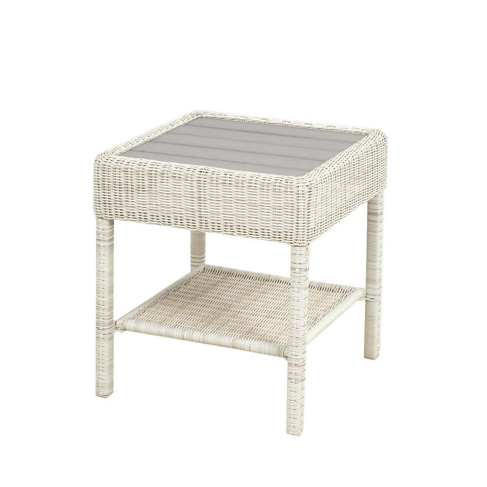 hampton bay park meadows off white wicker outdoor accent table side tables argos corner bunnings dining furniture alexa home automation nightstand under trestle base floating end