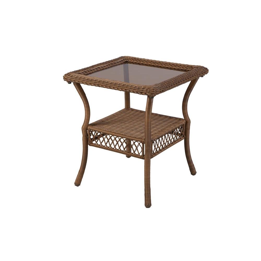 hampton bay spring haven brown all weather wicker patio side table outdoor tables super skinny small round silver decorative accessories for living room nautical furniture moving