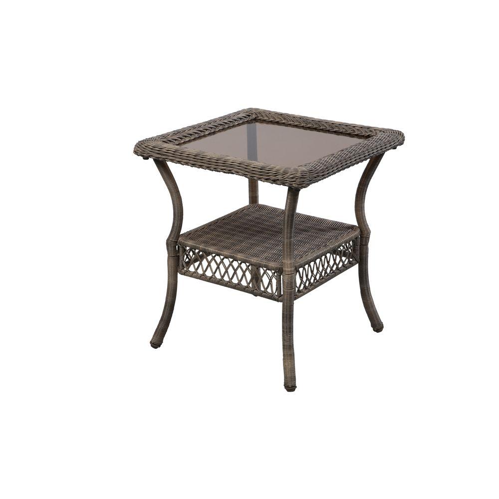 hampton bay spring haven grey wicker outdoor patio side table tables white garden furniture sets diy cocktail small with shelves crystal lamps for living room antique roadshow