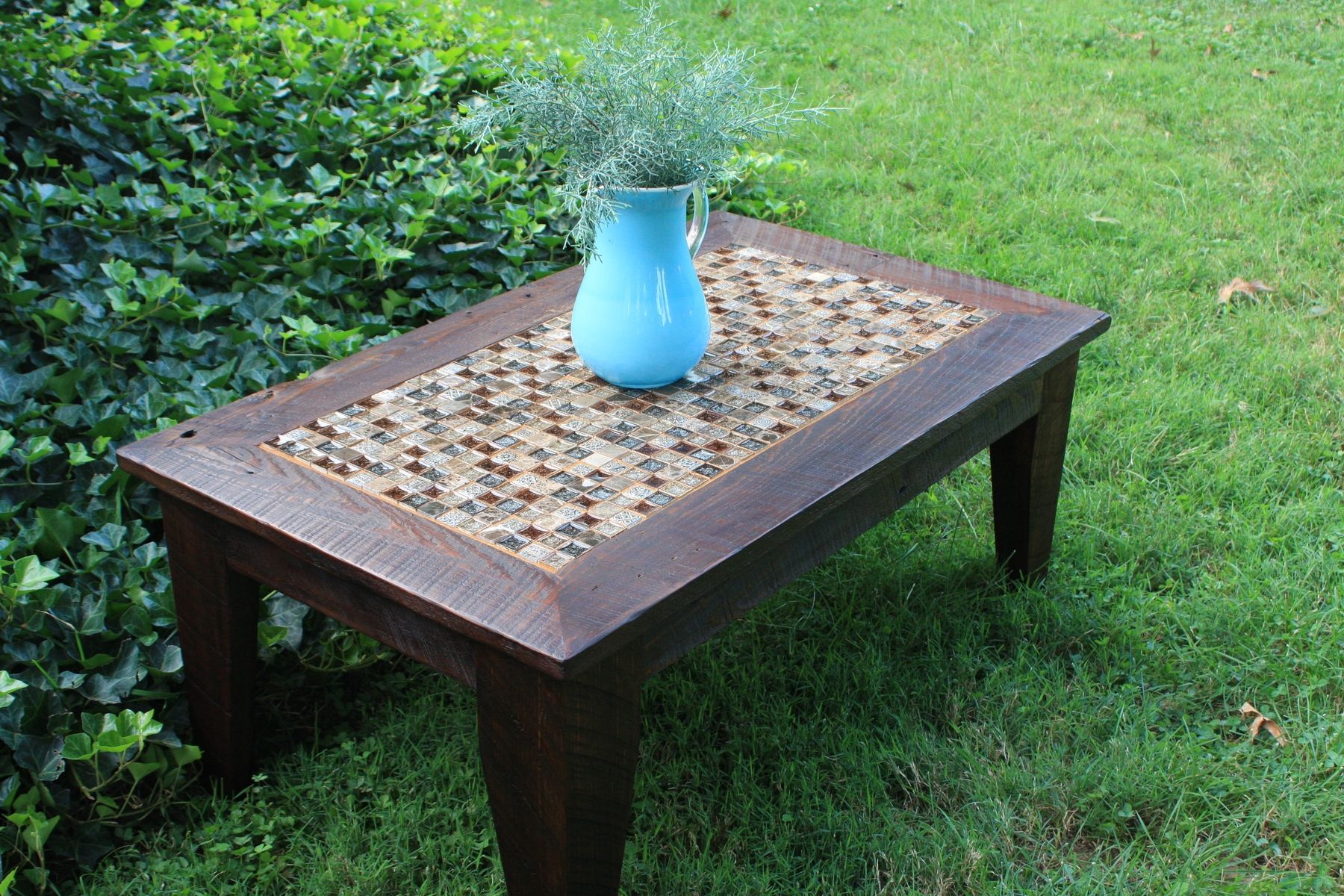 hand made coffee table glass stone tile mosaic reclaimed wood outdoor accent custom rustic contemporary slim mirror small blue lamp deck umbrella chests and consoles furniture