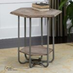 hexagonal weathered wood iron accent table gray small side drink mat for dining ashley furniture bar height white end with storage brass mission folding nic bunnings marble like 150x150