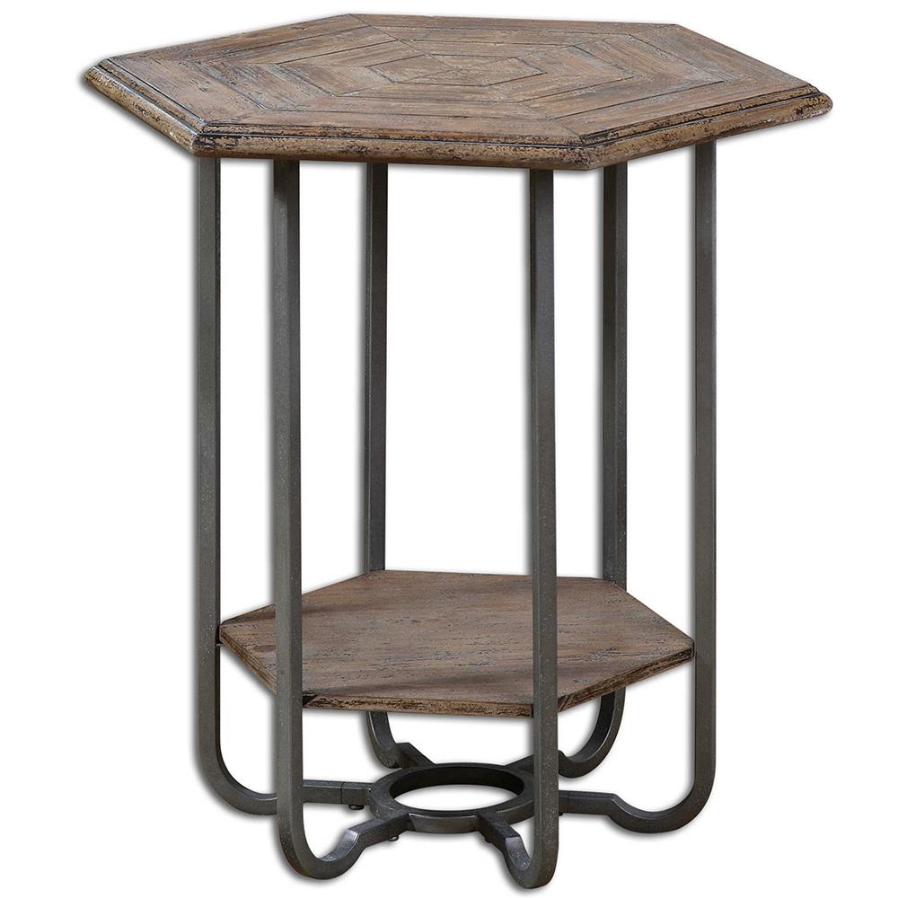 hexagonal weathered wood iron accent table metal toolbox chest cabinets pine desk jcpenney bedroom sets comfortable outdoor chairs target and lounge pier imports industrial