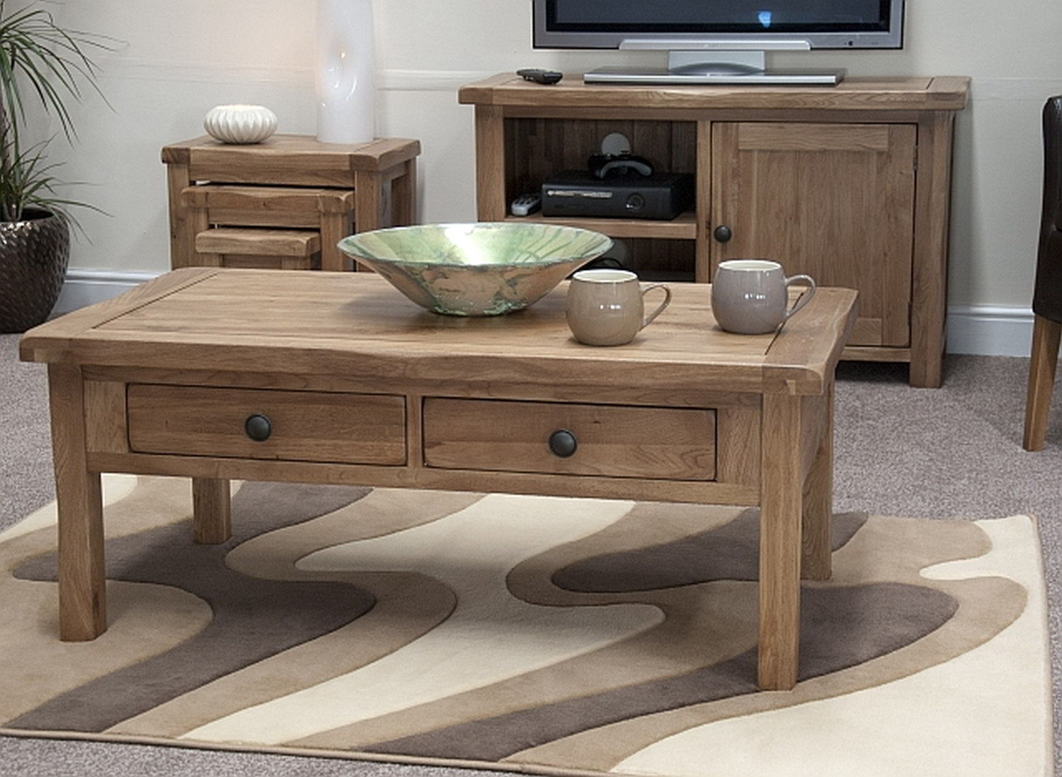 high end coffee tables create interesting look living rustic made solid wood with double drawer underneath some ceramic its top for centerpiece and completed rug under the table
